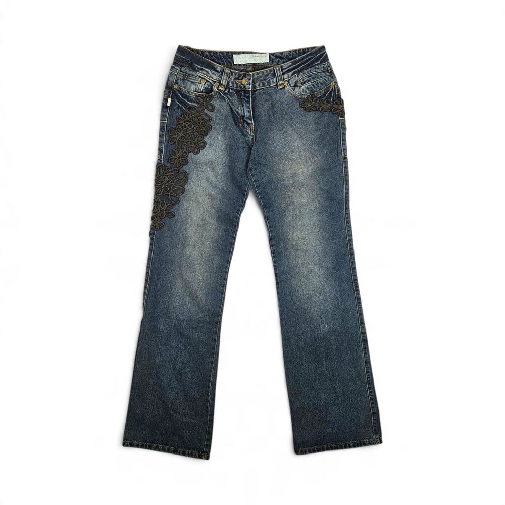 Vintage Y2k Appliqué Flare Jeans Low-Rise Euro Dark Wash - Large
